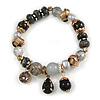 Trendy Glass and Semiprecious Bead, Gold Tone Metal Rings Flex Bracelet (Black, Grey) - 18cm L
