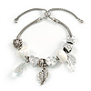Trendy Glass, Crystal, Metal Bead Charm Chain Bracelet In Silver Tone (White/ Clear) - 15cm L/ 3cm Ext