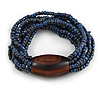 Multistrand Denim Blue Glass Bead with Brown Wooden Bead Flex Bracelet - Medium