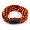 Multistrand Dusty Orange Glass Bead with Brown Wooden Bead Flex Bracelet - Medium