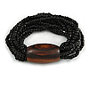 Multistrand Black Glass Bead with Brown Wooden Bead Flex Bracelet - Medium