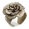 Statement Off White/ Grey Snake Print Leather Rose Flower Flex Cuff Bangle Bracelet - Adjustable