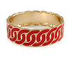 Red Enamel Interlocked Link Round Hinged Bangle Bracelet In Gold Tone - 19cm L