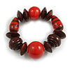 Statement Chunky Wood Bead Flex Bracelet in Red/ Brown - Medium