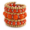 Wide Coiled Ceramic, Acrylic, Wood Bead Bracelet (Orange, Natural) - Adjustable