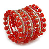 Wide Coiled Ceramic, Glass Bead Bracelet (Red, Carrot, Transparent) - Adjustable