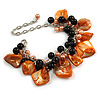 Orange/ Black Simulated Pearl Bead & Shell Component Charm Bracelet (Silver Tone) - 15cm Long/ 7cm Ext