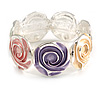 Pastel Multi Enamel Rose Flower Flex Bracelet In Silver Tone - 18cm Long