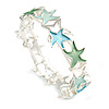 Pastel Green/ Light Blue Enamel Starfish Flex Bracelet in Silver Tone - 20cm Long
