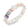 Pastel Multicoloured Enamel Curly Squares Geometric Flex Bracelet in Silver Tone - 20cm Long