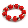 Red Painted Wood and Silver Acrylic Bead Flex Bracelet - Medium