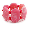 Wide Chunky Resin/ Wood Bead Flex Bracelet in Pink/ White - M/ L