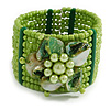 Lime Green Glass Bead Flex Cuff Bracelet with Shell Flower - M/ L