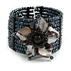 Black/ Dark Grey Glass Bead Flex Cuff Bracelet with Shell Flower - M/ L