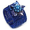 Blue Glass Bead Flex Cuff Bracelet with Shell Flower - M/ L