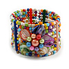 Multicoloured Glass Bead Flex Cuff Bracelet with Shell Flower - M/ L