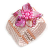 Light Pink Glass Bead Flex Cuff Bracelet with Shell Flower - M/ L