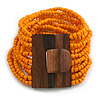 Orange Glass Bead Multistrand Flex Bracelet With Wooden Closure - 18cm L