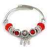 Fancy Charm (Elephants, Feathers, Glass Crystal Beads) Flex Twisted Cable Cuff Bracelet In Silver Tone Metal (Red/Clear) - Adjustable - 18cm L