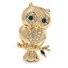 Gold Tone Crystal Owl Brooch
