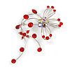 Red Flower And Butterfly Art Nouveau Brooch (Silver Tone)