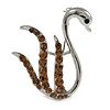 Amber Coloured Crystal Swan Brooch (Silver Tone)