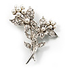 Crystal Faux Pearl Butterfly Brooch (Silver Tone) - 45mm Tall