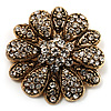 Vintage Clear Crystal Floral Brooch in Aged Gold Tone Metal - 40mm D