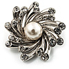 Small Diamante Faux Pearl Floral Brooch (Silver Tone)