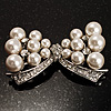 Imitation Pearl Diamante Bow Brooch (Silver Tone)