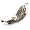 Exquisite Crystal Simulated Pearl Leaf Brooch (Silver Tone)