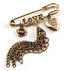 'Love', Crystal Heart, Flower And Tassel Safety Pin Brooch (Burn Gold Finish)