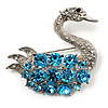 Rhodium Plated Diamante Swan Brooch (Sea Blue & Clear)