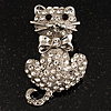 Diamante Cat With Bow Brooch (Silver Tone)