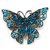 Azure Blue Crystal Filigree Butterfly Brooch (Silver Tone)