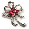 Pink Crystal Bow Corsage Brooch (Silver Tone)
