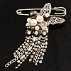 Stylish Butterfly, Crystal & Simulated Pearl Charm Pin Brooch (Silver Tone)