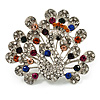 Multicoloured Crystal Peacock Open Tail Brooch (Silver Tone)