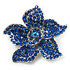 Small Sapphire Coloured Diamante Flower Brooch (Silver Tone)