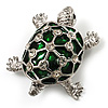 Cute Green Enamel Crystal Turtle Brooch (Rhodium Plated)