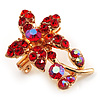 Tiny Red Crystal Floral Pin Brooch (Gold Tone)