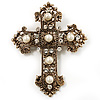 Large Victorian Filigree Imitation Pearl Crystal Cross Brooch (Antique Gold)