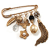 'Tassel, Leaf, Butterfly, Flower & Bead' Charm Safety Pin (Gold Tone)