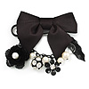 'Bow, Rose, Crystal Ball & Simulated Pearl Bead' Charm Black Tone Safety Pin Brooch (Catwalk - 2014)