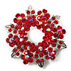 Red Crystal Wreath Brooch (Silver Tone Metal) - 50mm Diameter