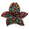 Large Multicoloured Diamante Floral Brooch/ Pendant (Antique Gold Finish)