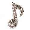 Small Silver Tone Clear Crystal Musical Note Brooch