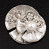 Diamante 'Lotus' Layered Floral Brooch In Rhodium Plated Metal
