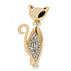Stylish Diamante Kitty Brooch In Gold Plated Metal