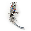 Multicoloured Exotic Bird Brooch In Silver Tone Metal